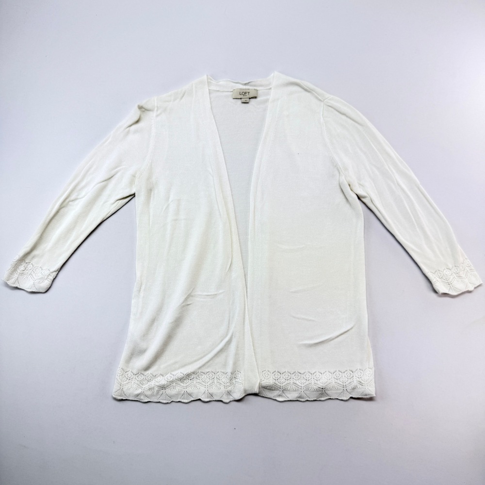 LOFT Outlet White Open Front Lace Trim Cardigan Sweater Rayon Size S